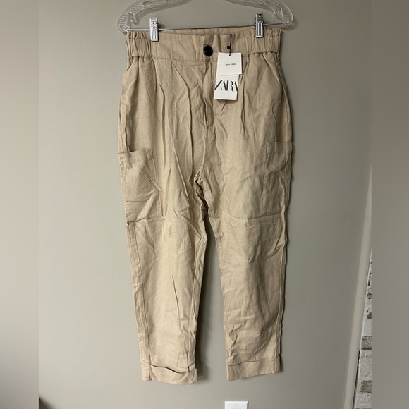 Zara Khaki Linen Paper Bag Pants - Picture 1 of 4